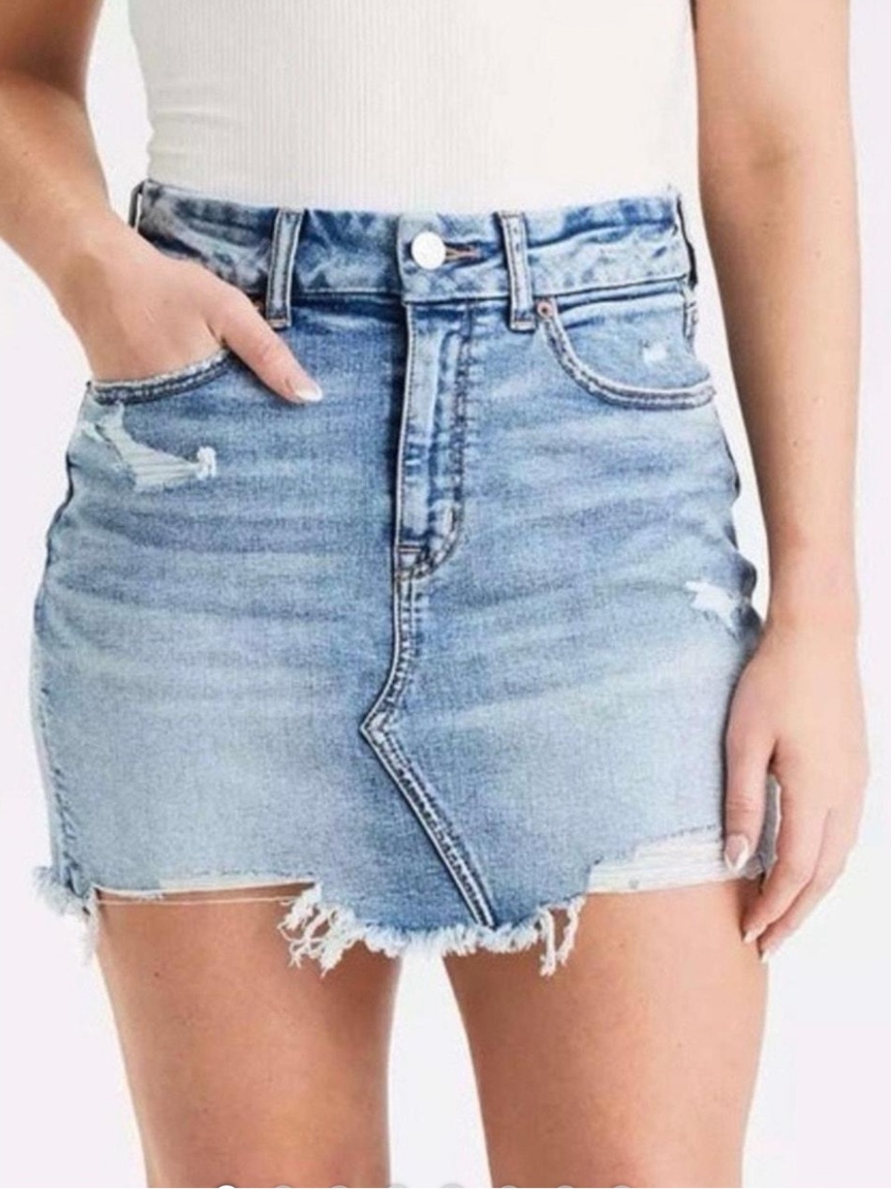American Eagle Outfitters Light Blue Distressed Denim Mini Skirt